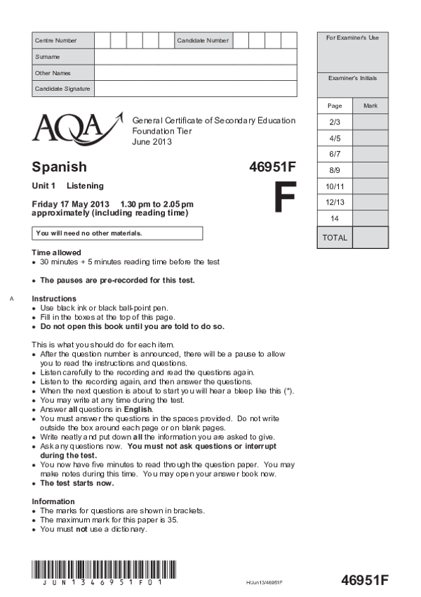 GCSE Spanish, Foundation Tier, Unit 1 Listening - 2013.pdf