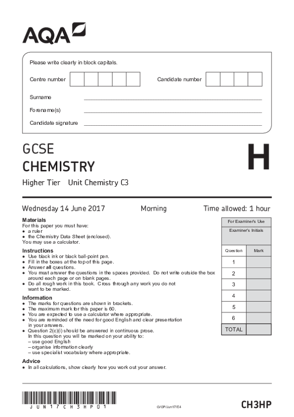 GCSE Chemistry: Unit Chemistry C3, Higher Tier - 2017