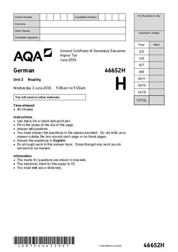 GCSE German, Higher Tier, Unit 2 - 2015.pdf