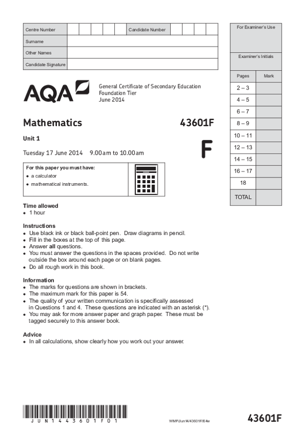 GCSE Mathematics, Foundation Tier, Unit 1 - Jun 2014.pdf