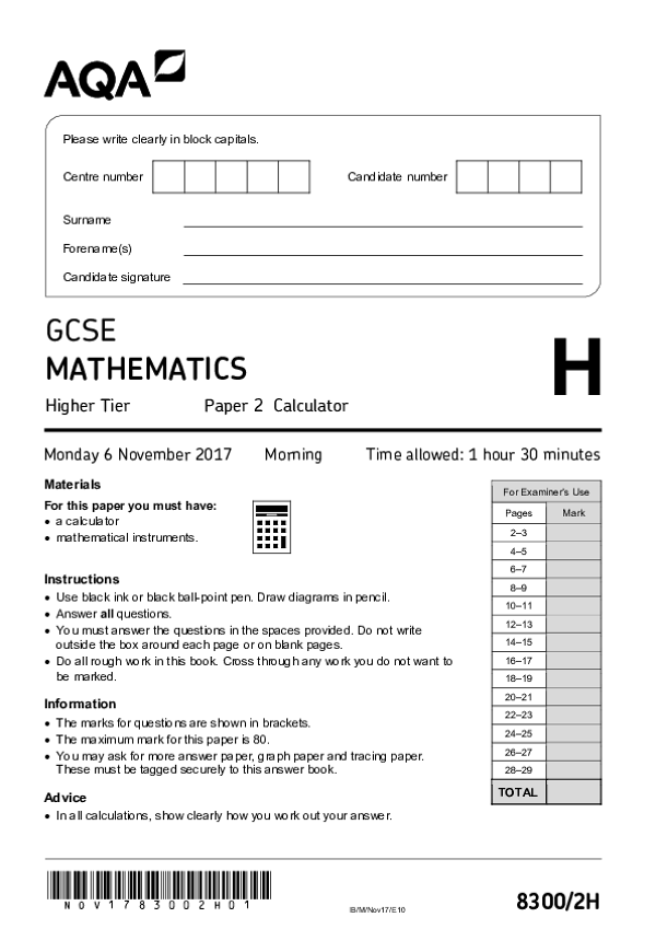 GCSE Mathematics, Higher Tier, Paper 2 - Nov 2017.pdf