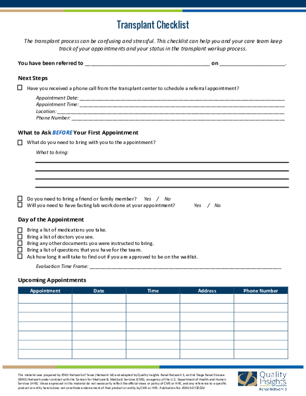 Fillable Transplant Checklist