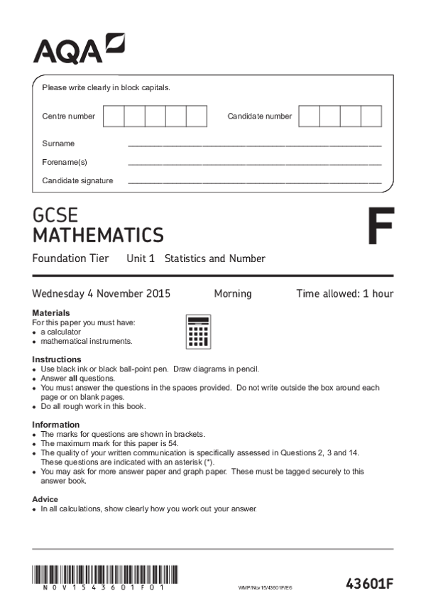 GCSE Mathematics, Foundation Tier, Unit 1 - Nov 2015.pdf