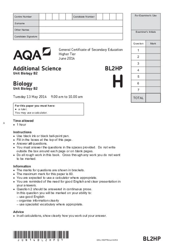 GCSE Additional Science: Biology, Higher Tier, Paper B2 - 2014