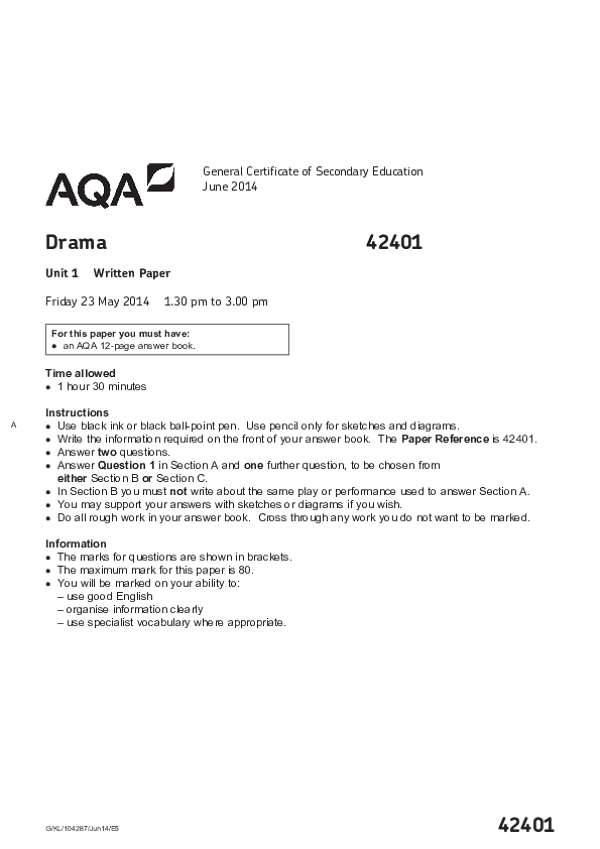 GCSE Drama, Unit 1: Written Paper - 2014