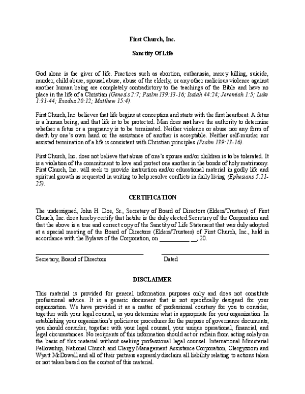 Sanctity of Life Statement