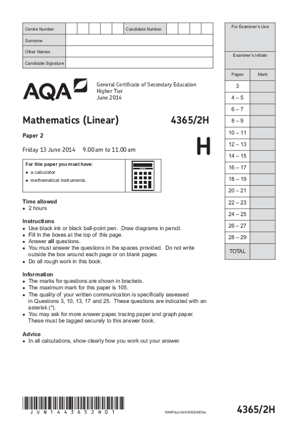 GCSE Mathematics, Higher Tier, Paper 2 - Jun 2014.pdf