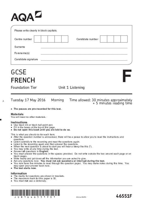 GCSE French, Foundation Tier, Listening - 2016.pdf