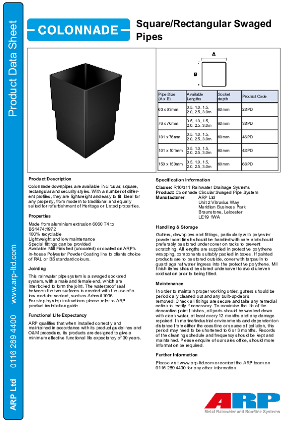Colonnade Square Swaged Pipe data sheet - Nov 22
