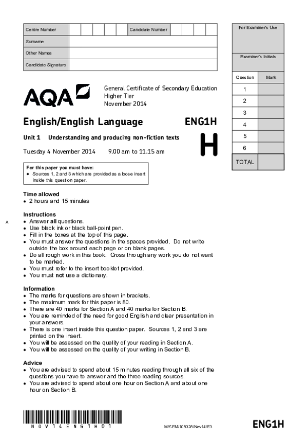 GCSE English, Unit 1 Understanding & Producing Non-Fiction Texts - 2014.pdf