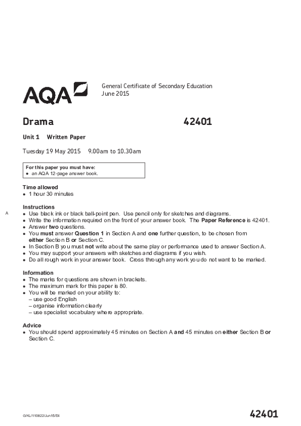GCSE Drama, Unit 1: Written Paper - 2015
