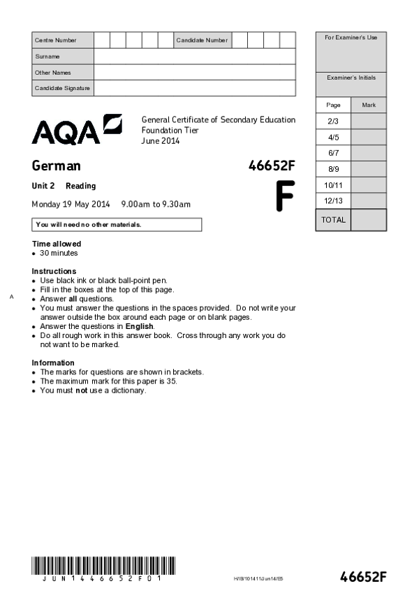 GCSE German, Foundation Tier, Unit 1 - 2014.pdf