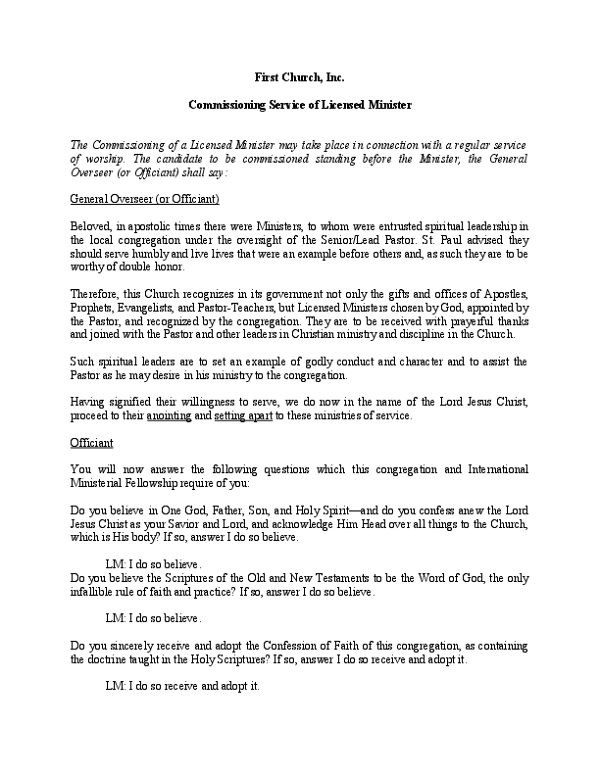 Commissioning of Licensed Minister