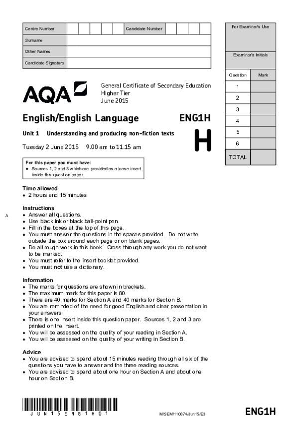 GCSE English, Unit 1 Understanding & Producing Non-Fiction Texts - 2015.pdf