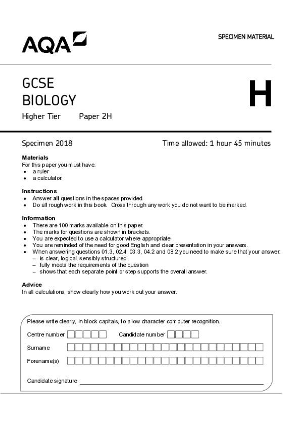 GCSE Biology, Higher Tier, Paper 2H - 2018