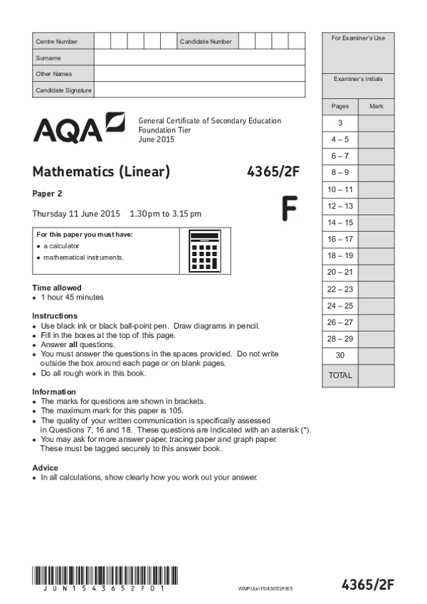 GCSE Mathematics, Foundation Tier, Paper 2 - Jun 2015.pdf
