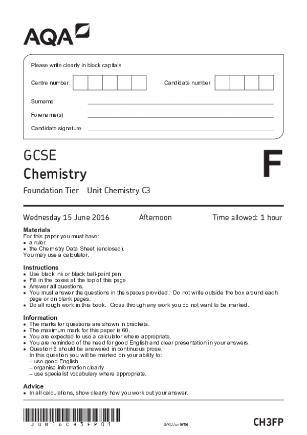 GCSE Chemistry: Unit Chemistry C3, Foundation Tier - 2016
