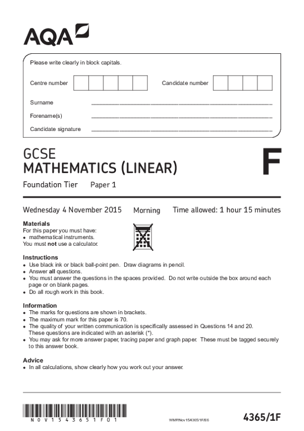 GCSE Mathematics, Foundation Tier, Paper 1 - Nov 2015.pdf