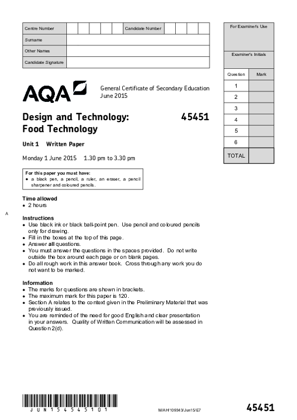 GCSE Design and Technology: Food Technology, Unit 1 - 2015