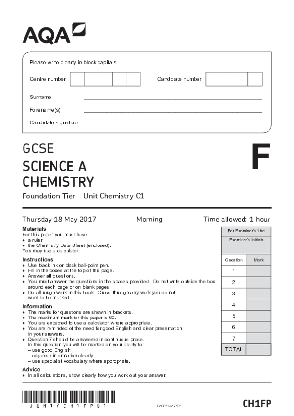 GCSE Science A: Chemistry C1, Foundation Tier - 2017