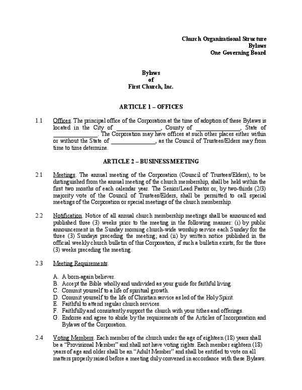 Sample Bylaws - One Governing Board