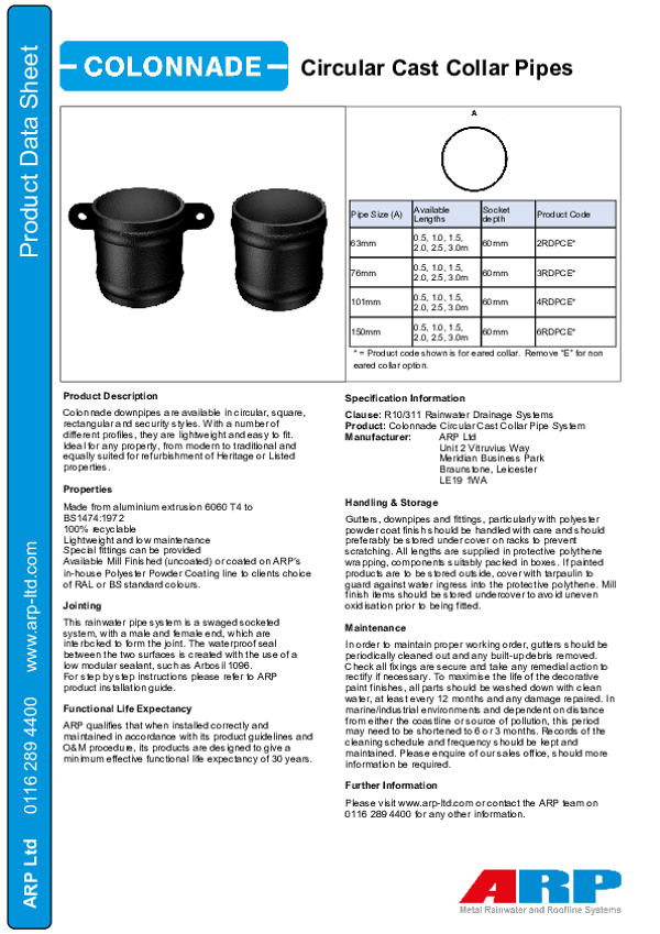 Colonnade Circular Cast Collar Pipe data sheet - Nov 22
