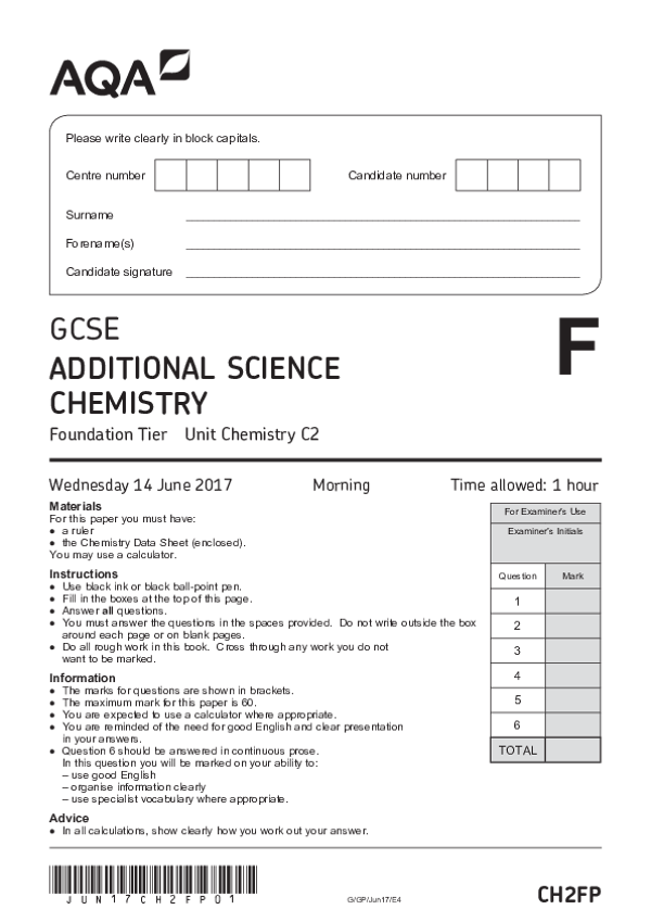 GCSE Additional Science: Chemistry C2, Foundation Tier - 2017