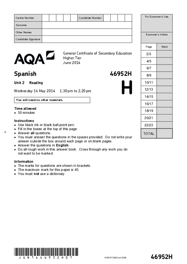 GCSE Spanish, Higher Tier, Unit 2 Reading - 2014.pdf