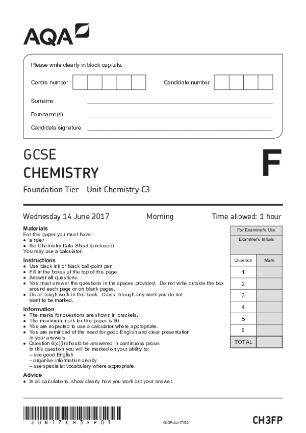 GCSE Chemistry: Unit Chemistry C3, Foundation Tier - 2017