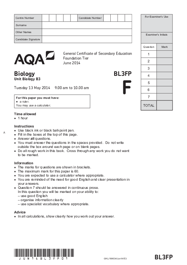GCSE Biology, Higher Tier, Paper B3 - 2014