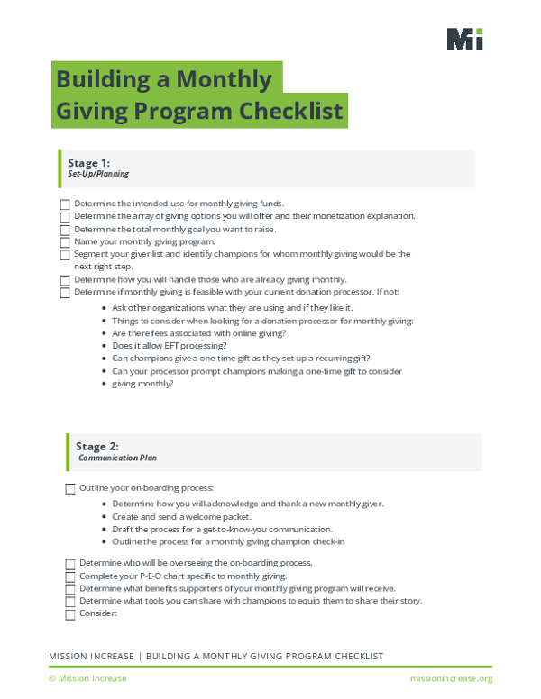 Monthly Giving Program Checklist Fillable
