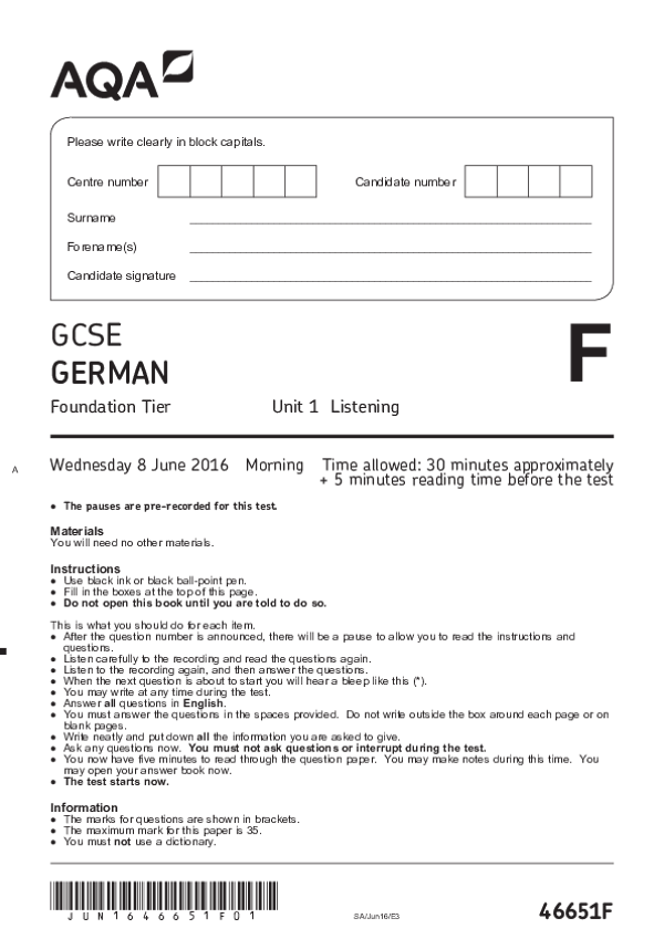 GCSE German, Foundation Tier, Unit 1 - 2016.pdf