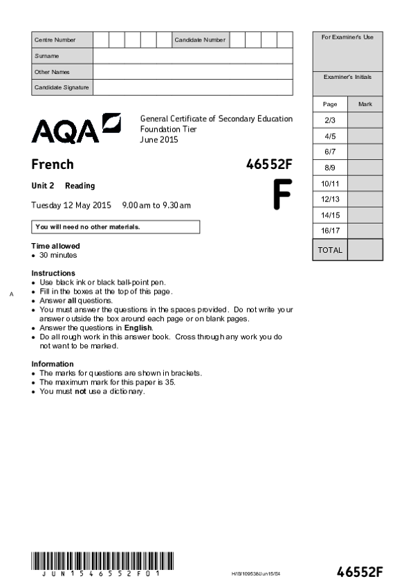GCSE French, Foundation Tier, Reading - 2015.pdf