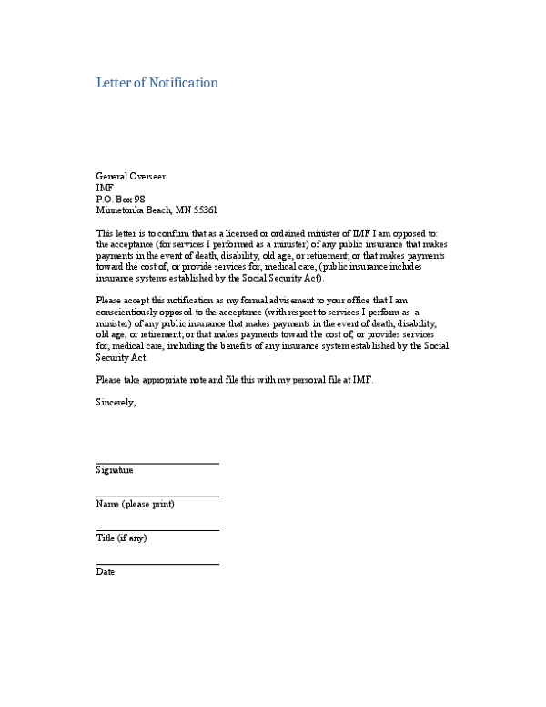 Letter of Notification - Exemption from Self-Employment Taxes