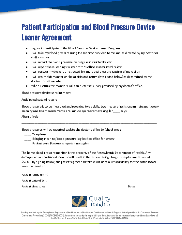 Blood Pressure Monitor Loaner Program - Patient Agreement (English)