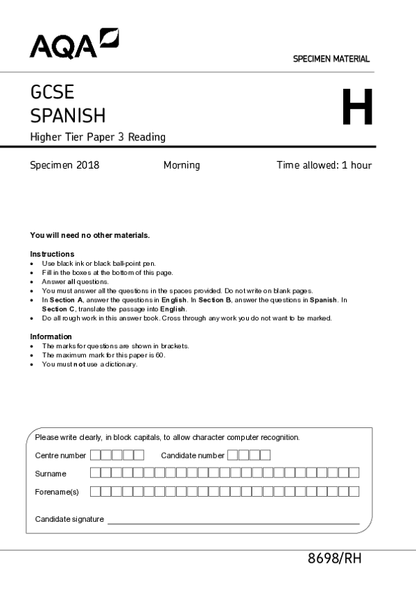 GCSE Spanish, Higher Tier, Paper 3 Reading - 2018.pdf
