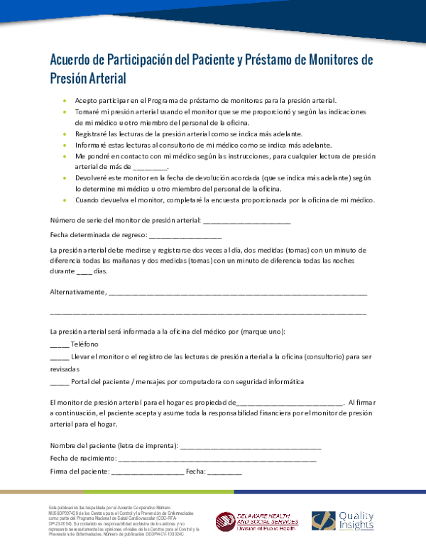 Home Blood Pressure Monitor Loaner Program Agreement - Spanish