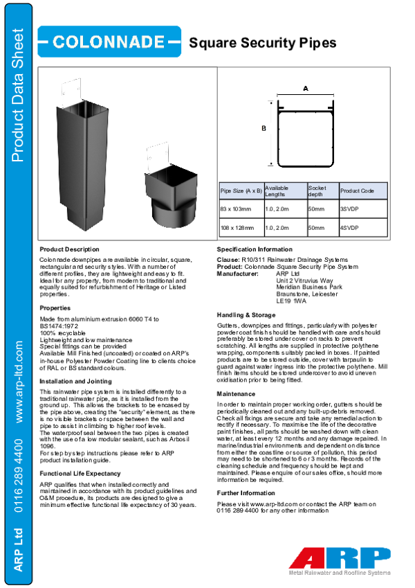 Colonnade Square Security Pipe data sheet - Nov 22