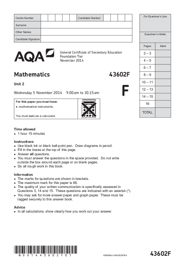 GCSE Mathematics, Foundation Tier, Unit 2 - Nov 2014.pdf