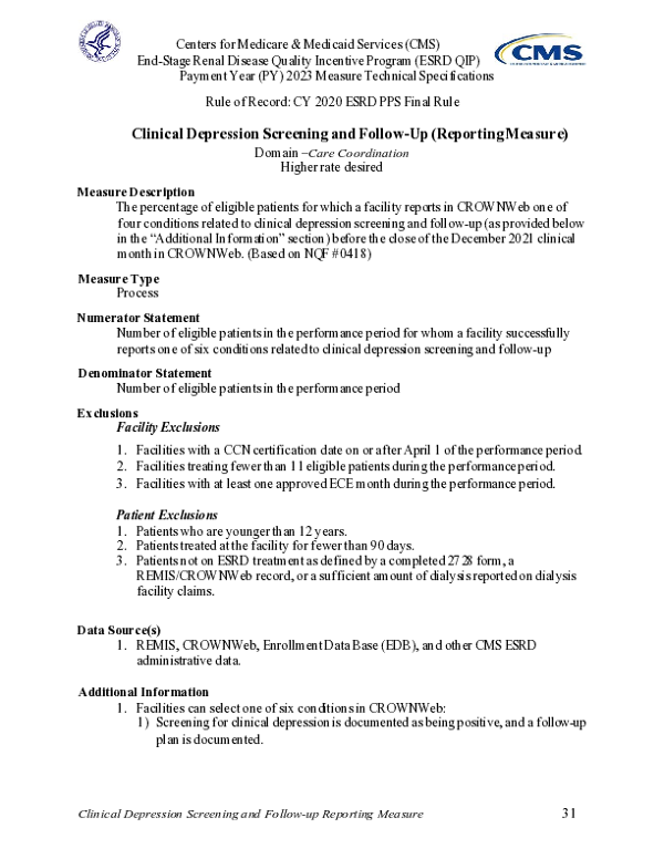 Clinical Depression Screening and Follow-Up (Reporting Measure)