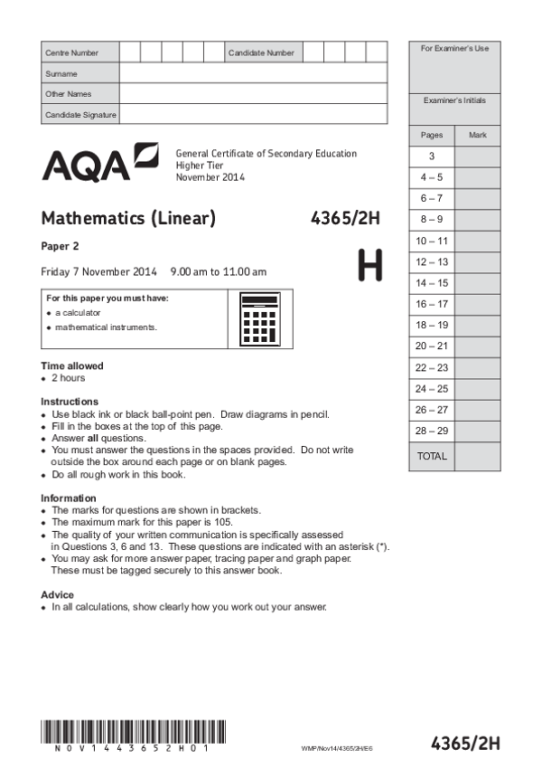 GCSE Mathematics, Higher Tier, Paper 2 - Nov 2014.pdf