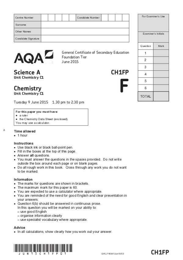 GCSE Science A: Chemistry C1, Foundation Tier - 2015