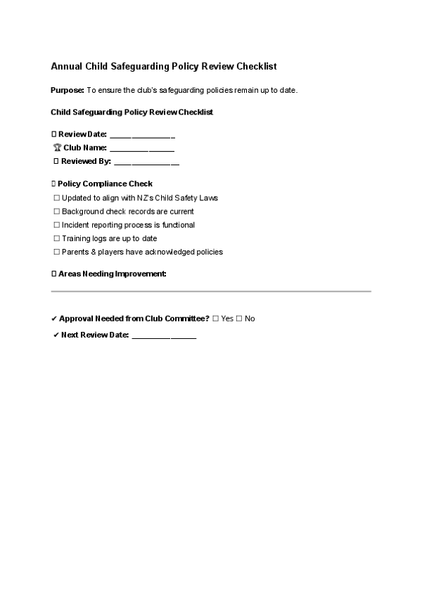 Annual Child Safeguarding Policy Review Checklist