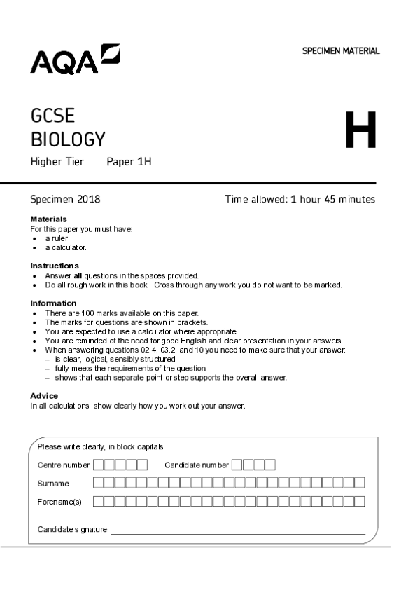 GCSE Biology, Higher Tier, Paper 1H - 2018