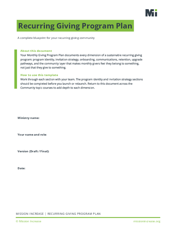 Recurring Giving Program Plan Fillable