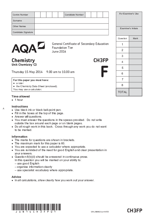 GCSE Chemistry: Unit Chemistry C3, Foundation Tier - 2014