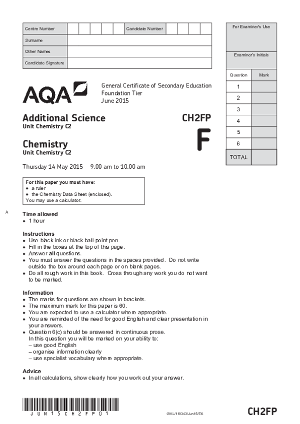 GCSE Additional Science: Chemistry C2, Foundation Tier - 2015
