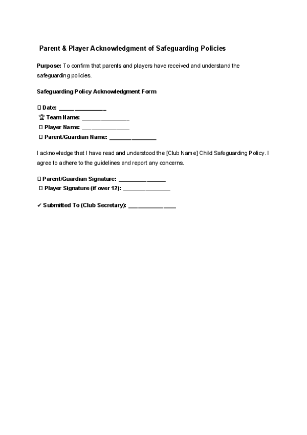 Parent & Player Acknowledgment of Safeguarding Policies.docx