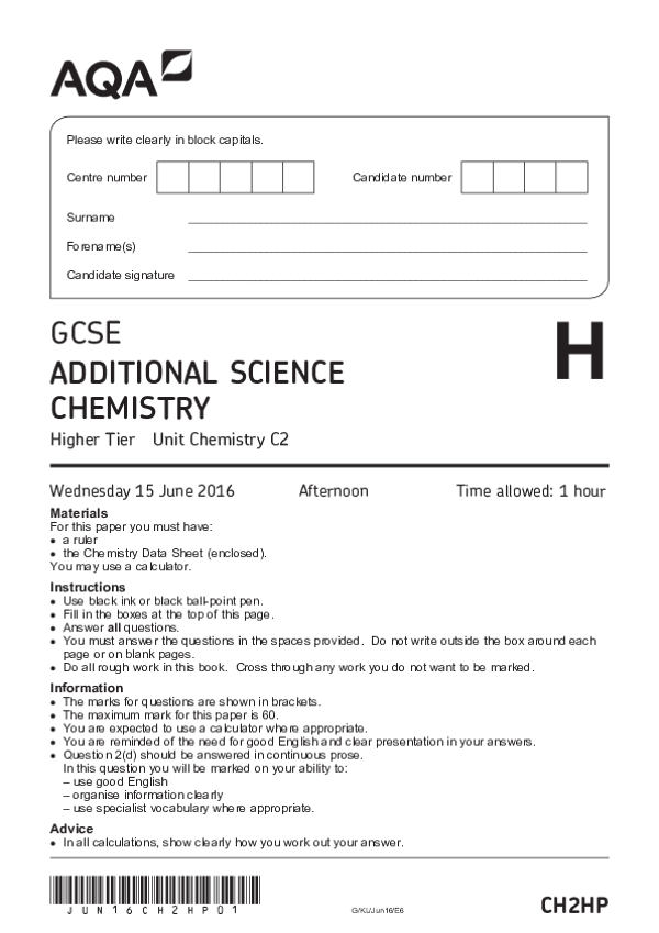 GCSE Additional Science: Chemistry C2, Higher Tier - 2016