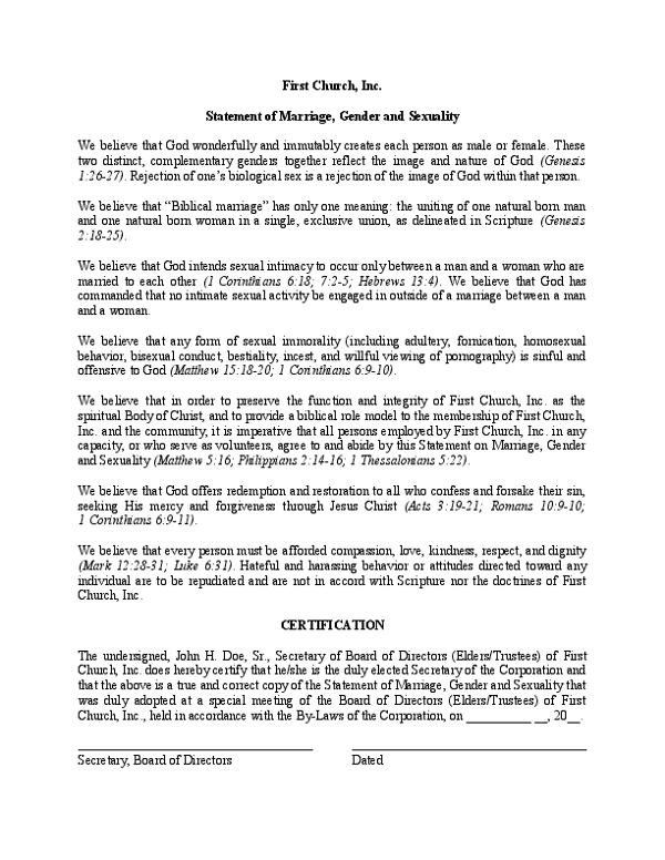 Statement of Marriage, Gender and Sexuality